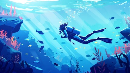 A modern illustration with a parallax background, showing a woman exploring the sea bottom with a mask. In the ocean underwater she swims in a 2D landscape with separated layers, a cartoon