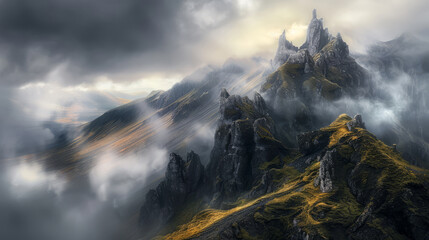 Dramatic mountain peaks enveloped in mist and morning light