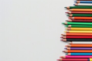 Many colored pencils lined up on a white surface. Vertical background  - Powered by Adobe