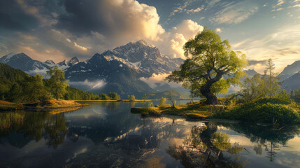Stunning mountain landscape with a tranquil lake at sunset