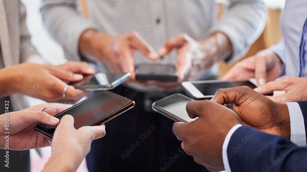 Poster circle, business people and hands with smartphone, typing and internet with connection, teamwork and