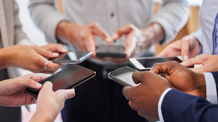 Circle, business people and hands with smartphone, typing and internet with connection, teamwork...