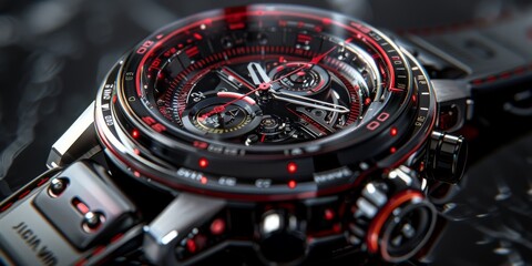 An exploded view of a cyberpunk smartwatch revealing an imaginative, clockwork-inspired inner world of miniature robots and animals