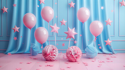 Blue and Pink Helium Balloons on blue abstract background for Gender Reveal Party, Event Decoration, Greetings, Invitations, Baby Shower, Holiday, Birthday, It's a Boy, It's a Girl