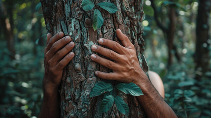 Nature lover hugging trunk tree with green musk in tropical woods forest. Green natural background. Concept of people love nature and protect from deforestation or pollution or climb
