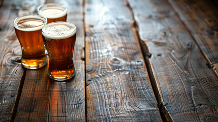 Glasses of fresh beer on wooden table