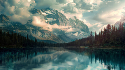 Majestic mountain landscape with reflective crystal clear lake