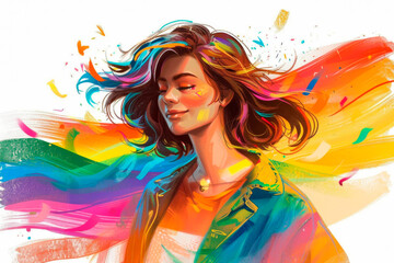 Smiling girl with rainbow flag on background