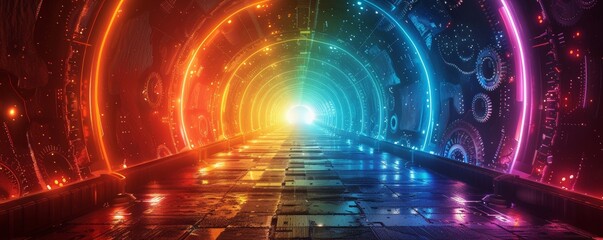Obraz premium Glowing tunnel of rainbow colors. It is a digital image with a futuristic theme.