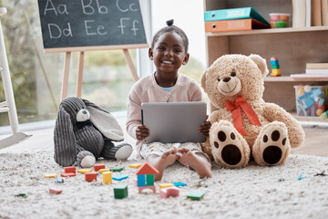 Portrait, child and tablet in home with smile for e learning, entertainment or video streaming in living room. Happy, black girl and internet on tech for kids website, online school and development