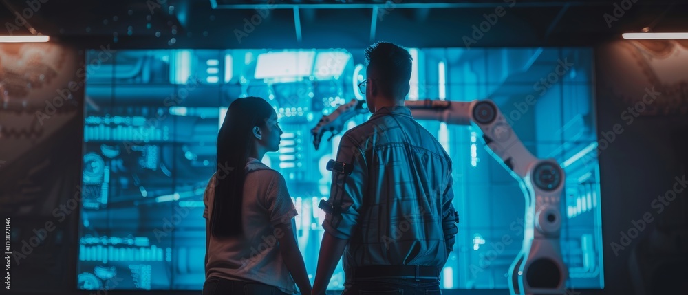 Poster a male and female student discussing motion of a robotic arm while studying at the university. idea 