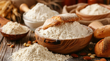 Flour with products and bread on wooden background