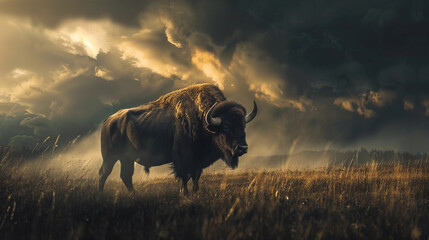 Majestic bison stands in a dramatic sunset landscape