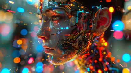 Close-up of an AI robot with glowing eyes and colorful lights reflecting on her face