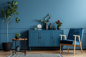 Blue cabinet, wooden armchair and black tables in pastel room interior