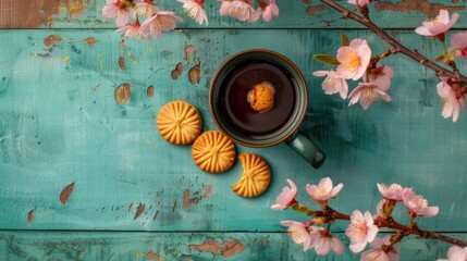 a navy cup of coffee paired with a few cookies, adorned with delicate sakura blossoms on the table, in a close-up shot.
