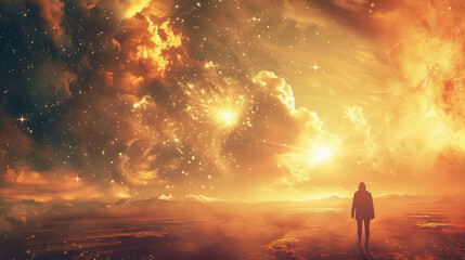 Woman standing in a surreal cosmic landscape at sunset