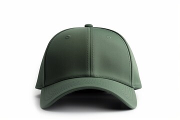 A front view of a green baseball cap isolated on a white background, showcasing simple fashion and headwear design