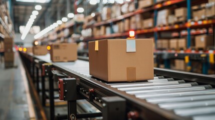 Closeup of multiple cardboard box packages seamlessly moving along a conveyor belt in a warehouse fulfillment center, a snapshot of e-commerce, delivery, automation, and products.