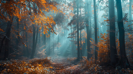 Misty autumn forest with golden leaves and sunbeams