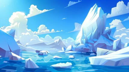 Polar landscape with white mountains and glaciers floating in sea. Modern cartoon illustration of northern nature scene with snow on rocks and melting ice on water.