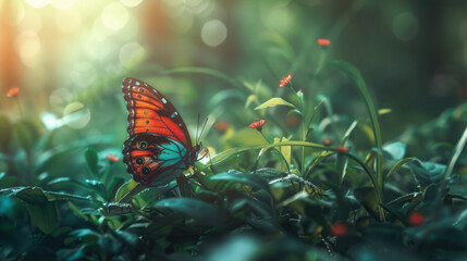 Obraz premium Vibrant butterfly perched in a sunlit forest