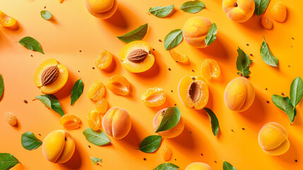 Flying fresh apricot with pieces and leaves on orange