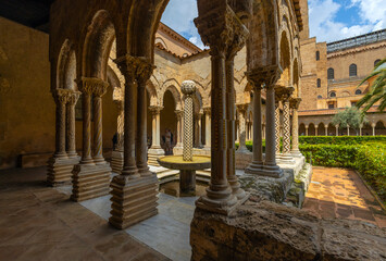 MONREALE, ITALY 16 JUNE, 2023 - Benedictine Cloister in Monreale, province of Palermo, Sicily, Italy