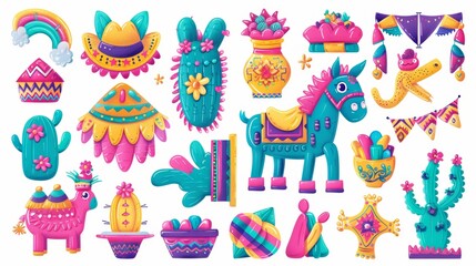 For Viva Mexico party celebration, carnival or fiesta, there are stickers with a pinata donkey, cactus, maracas, sombrero, and flag garland.