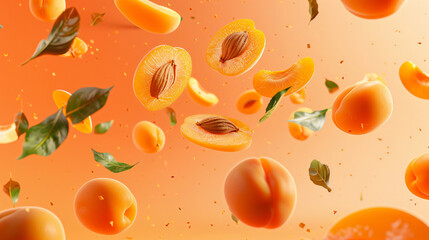 Flying fresh apricot with pieces and leaves on orange