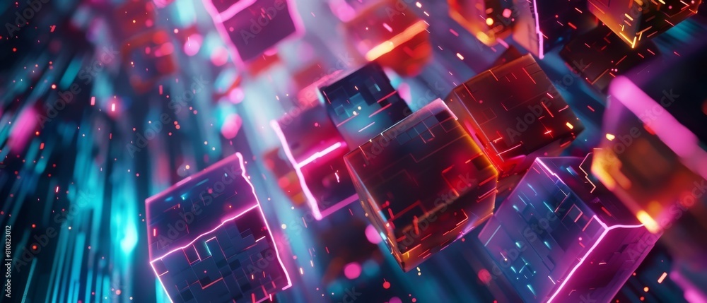 Poster stunning high-tech 3d: action virtual arcade game, shooting cubes in cyberspace and scoring points. 