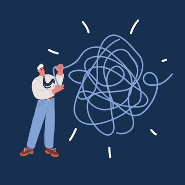 Cartoon vector illustration of business Man Unravel the Tangle of Problems. Solves problems and unravels the big thread over dark background