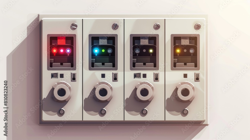 Poster fuse box isolated on white background, electrical panel with on and off switchers, automatic circuit