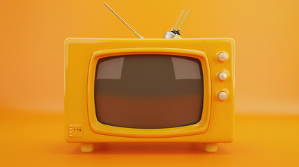 3d orange retro television on yellow background vintag