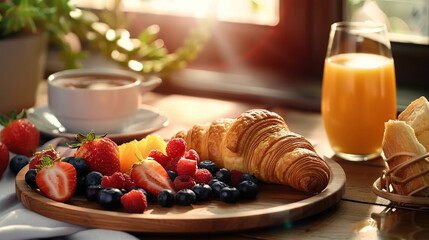 Close-up capture showcasing an artfully arranged continental breakfast, featuring vibrant fresh fruits, delectable pastries, and steaming cup of coffee