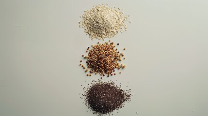 whole grains like quinoa, oats, barley, and bulgur, accentuating their health benefits, against an isolated background.
