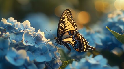 A butterfly is resting on a blue flower