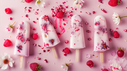 Colorful popsicles with raspberry and chamomile on pink background