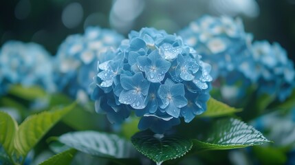 A close up of a blue flower with dew drops on it