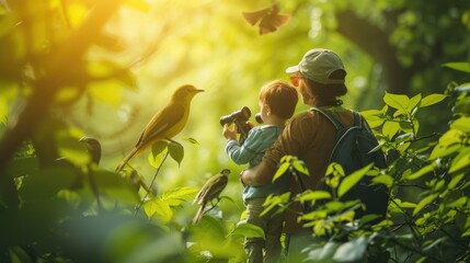 Obraz premium young explorers use binoculars to observe a colorful bird, immersed in the vibrant foliage of a dense forest. AIG41