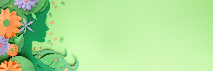 Paper Cut Profile of a Woman with Floral Decorations. Mother's Day, Woman's Day Background