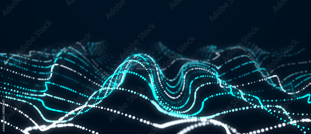 Aufkleber Abstract blue background of points. Wave of lines. Cyber particles. Big data stream. 3d rendering