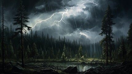 Electric Lightning Storm Illuminating a Dark Forest Landscape at Night