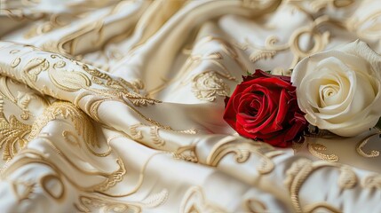 two roses delicately placed on antique material, with a shallow depth of field adding a sense of intimacy and focus.