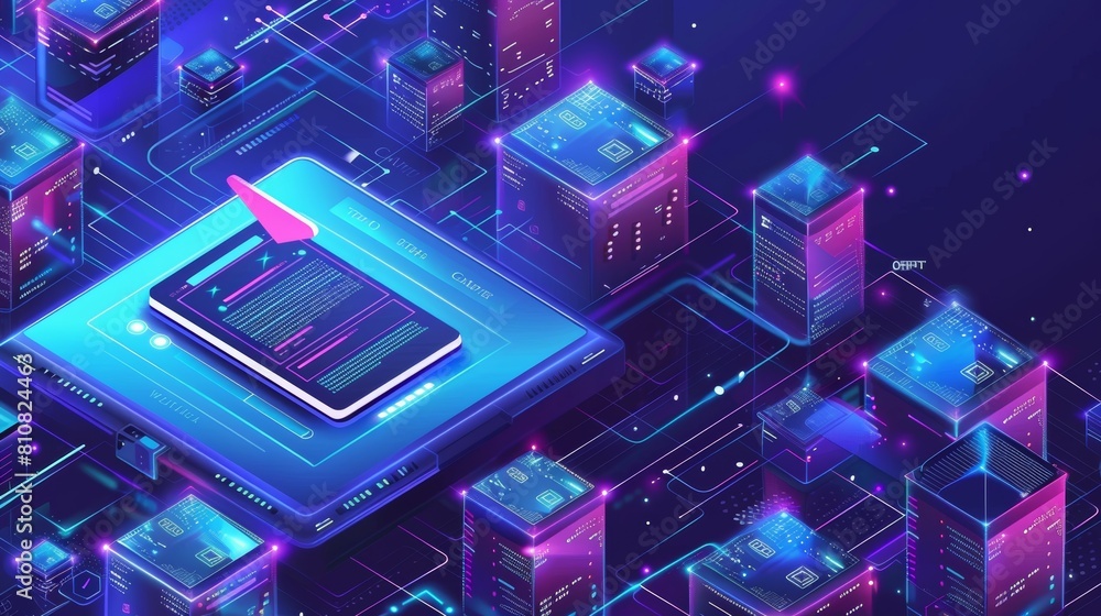 Poster website name, url address. modern landing page of hosting service for web sites with isometric illus