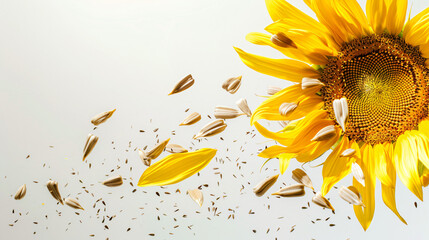 Flying sunflower with seeds and peel on white background