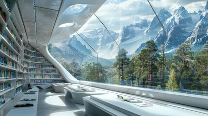 A futuristic, high-tech library with touch-screen interfaces, minimalist design, and panoramic views of the surrounding mountains and forests.
