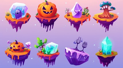 Cartoon nature locations, floating platforms for arcade games, floating islands ice or rock, pumpkins and monster fingers on Halloween donuts.