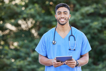 Man, portrait and tablet for outdoor doctor, hospital website and search for medical information....
