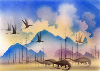 Blurred silhouettes of prehistoric jungle. Pterodacty is soar in the sky over the mountains and forest © SERHII